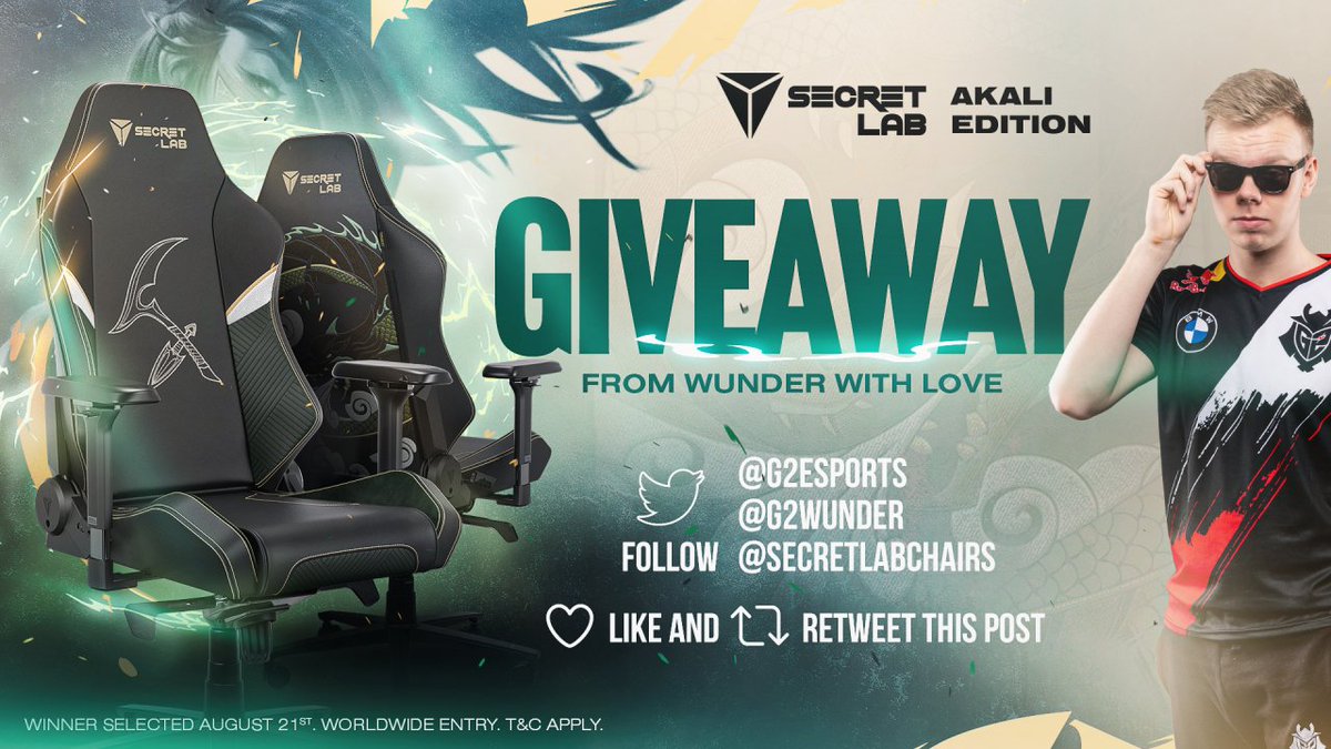 I am giving one of my followers an Akali Chair! To enter: ✅ Follow @G2Wunder, @G2esports and @secretlabchairs ❤🔁 Like and RT this post! Good luck!