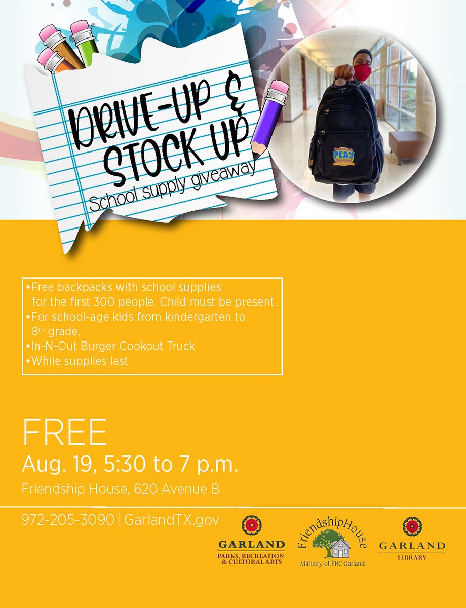 gisdnews's tweet photo. FYI - Families with students in kindergarten-eighth grade can stock up on free school supplies and backpacks from 5:30-7 p.m. Wednesday, Aug. 19 at the Friendship House in Garland. Details: https://t.co/RN1Iz16jOH (via @dallasnews) https://t.co/xFVMOCxYqu