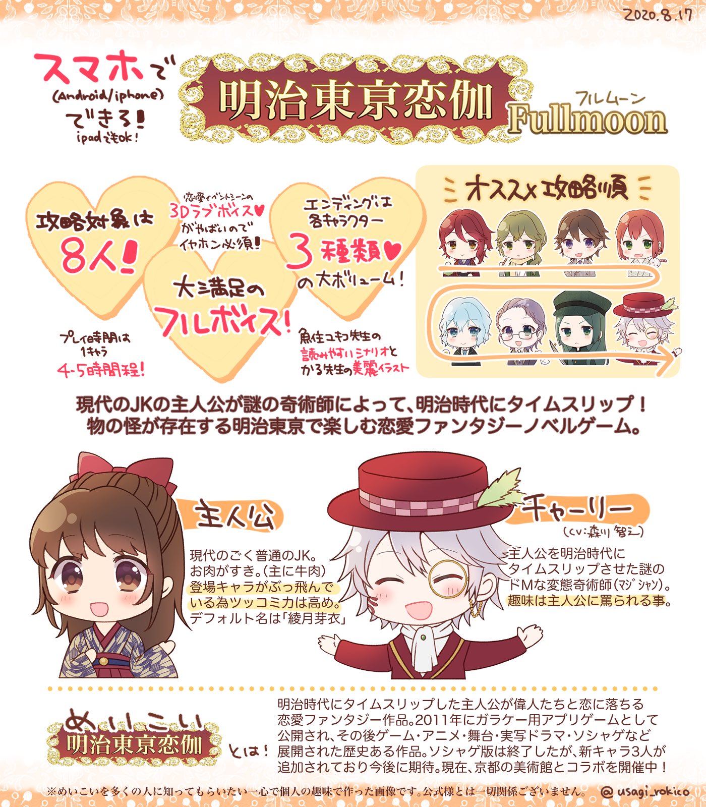 うさぎろきこ アプリ版 明治東亰恋伽full Moon をオススメします プレイ時間的にもさくっと楽しめて 充実した内容で 乙女ゲー初心者さんにもおすすめです キャラ紹介は書ききれないことばかりだったのでその心で確かめてください 主観と偏見で