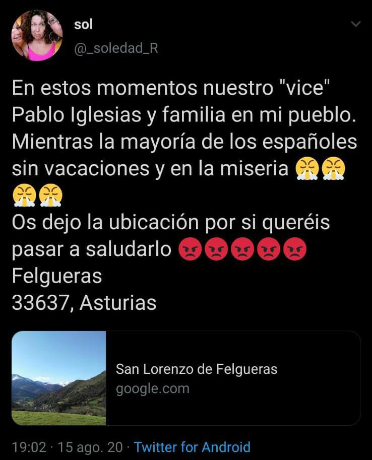 monrosi's tweet image. Pintadas, insultos, amenazas y acoso en redes. Pablo Iglesias e Irene Montero se ven obligados a cancelar sus días de vacaciones en Asturias.