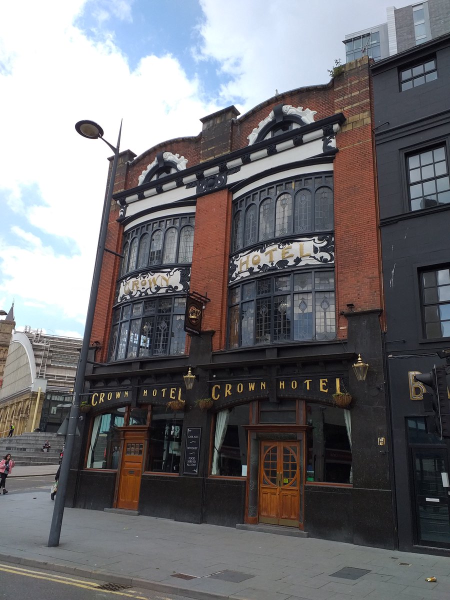 Public House of the day The Crown Hotel 43 Lime St 1905 one of the most outstanding Art Nouveau exteriors in Liverpool. Moulded plaster friezes gilded lettering cut glass windows with beaten copper panels on lower floor that pick up the evening light. The interiors are fab too.