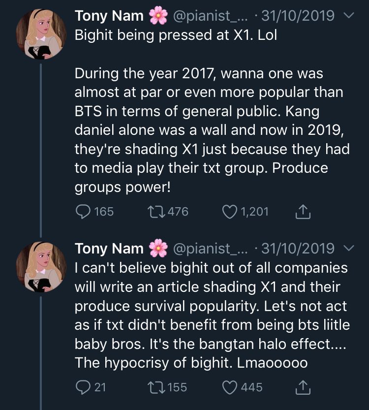 The 1st one is a grp form jyp.. the 2nd one a survival show grp saying txt're threatened ..the 3rd one also 2 grps from jyp and both from survival shows as well ..the 4th one is big3 ..But txt's the privileged one for being successfulEverything is wrong w kpoppies ..everything.