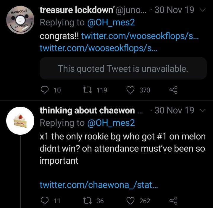 Discrediting any award txt however its worth ..but since txt won it then its rigged and worthless and undeservingRoty suddenly became *overrated* bc txt won itThe last one& #39;s first tweet was showing x1& #39;s chart data but the twt was deleted It became an attendance award
