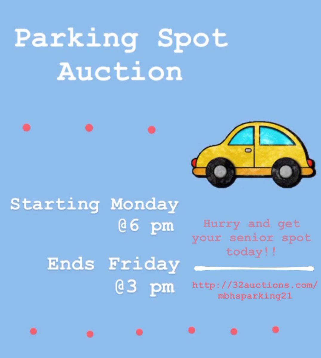🚨ATTENTION SENIORS🚨                                   Parking spot aution starts today at 6 pm! Auction will be closed on Friday at 3pm..So hurry and get your senior parking spot!  Website in bio!!                                        32auctions.com/mbhsparking21