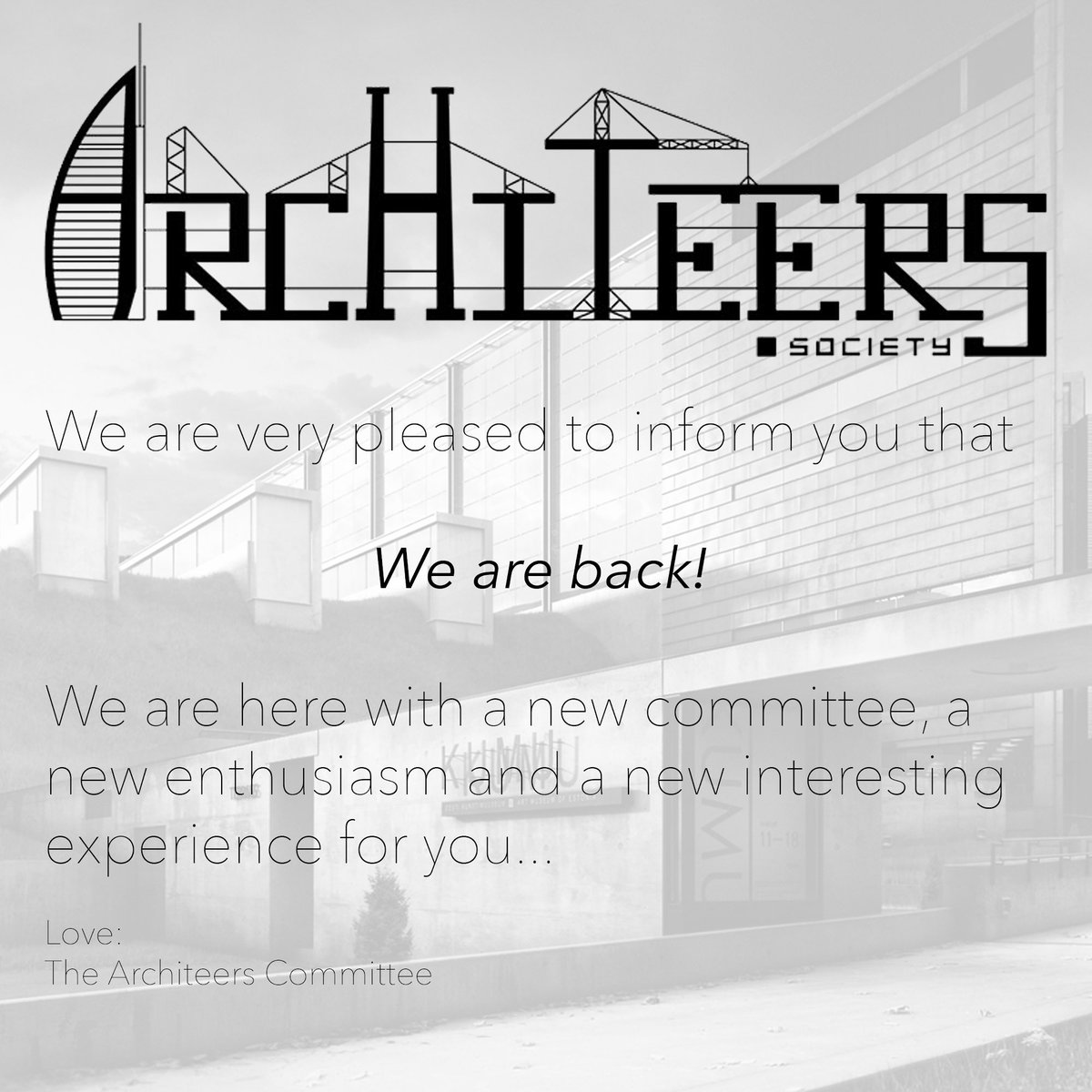 Architeers's tweet photo. We are excited to be back, and have been planning an exciting year ahead for our new and current members!
In the meantime we have updated all our social media pages - why not give us a follow :) 
Instagram : architeers 
Facebook : University of Sheffield Architeers
Architeers xox https://t.co/69q0RFCNQO