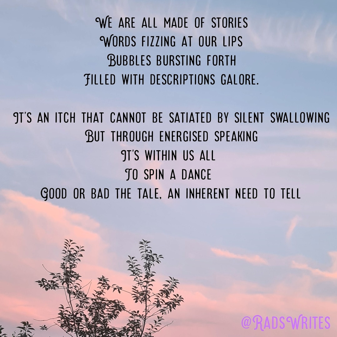 RadsWrites's tweet photo. Fizzing Words ✍🏽🤍
Original Post here: https://t.co/J0hFbWRVJA
Within us all is an inherent need to story tell. 
#poem #poetry #mondaythoughts #WritingCommunity #story https://t.co/cPgWXSLxIu