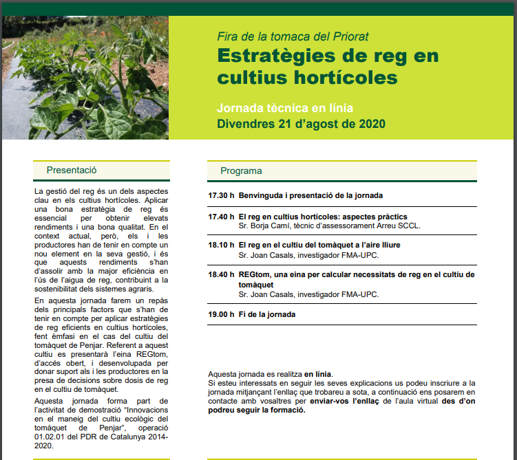 FMAoficial's tweet photo. Una bona gestió del #reg és fonamental en qualsevol cultiu hortícola. En aquesta jornada PATT tractarem els aspectes més importants del reg en horta i en cultiu de tomàquet. Serà aquest divendres 21 a partir de les 17:30h, no hi falteu! https://t.co/s1dZKqvIxg