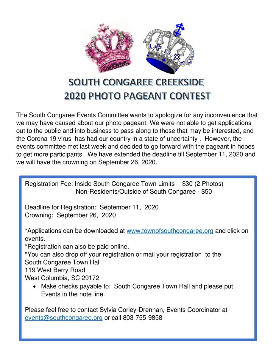 Registration is open for the second annual South Congaree Creekside Photo Pageant. This is a photo only pageant and last year's winners pictures were taken by parents or grandparents. They were not in pageant wear. Register on-line at: ow.ly/NwlE50AIjy3