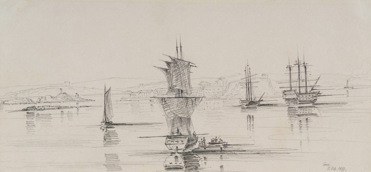 To celebrate #HeritageWeek, we’re heading to #Cork’s historic harbour with this WORK OF THE WEEK!

View of Haulbowline and Spike Island from Cove (1819) by Sarah Grace Carr transports us back more than 200 years to a time when tall ships and fortifications defined #CorkHarbour.