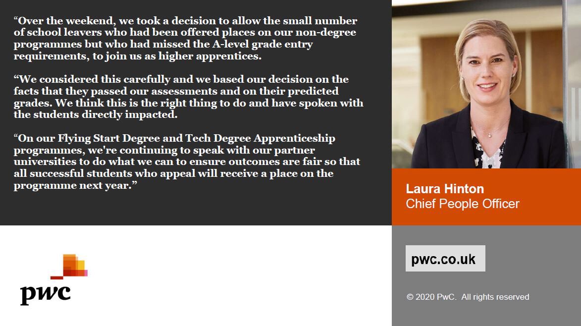We've contacted the small number of school leavers who missed out on the A-level entry requirements for our non-degree programmes, and offered them the chance to join us as <a href="/PwC_UK/">PwC UK</a> higher apprentices. We think this is the right thing to do as all had passed our assessments. 1/2