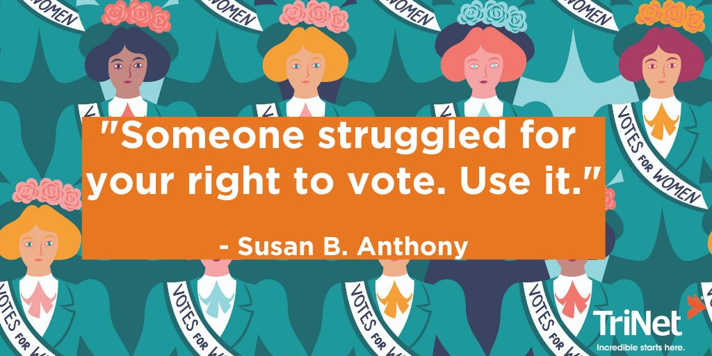 TriNet's tweet photo. Something to think about, in honor of the 100th anniversary of women’s suffrage tomorrow! 🗳️🇺🇸
#MondayMotivation #womenssuffrage #suffrage2020 #2020centennial #19thamendment #womensvote100 #votesforwomen #vote #vote2020 #inspirationalquotes #susanbanthony #haveagreatweek https://t.co/zH9JjCcD8p