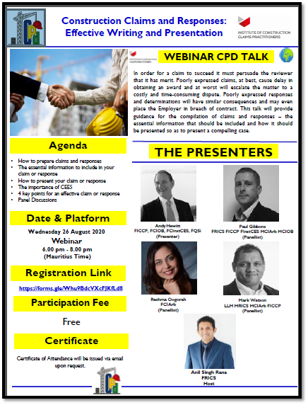ICCPMembership's tweet photo. Webinar: Construction Claims and Responses: Effective Writing and Presentation, presented by Andy Hewitt, Paul Gibbons, Mark Watson, Anil Singh Rana, and Reshma Oogorah. Starting at 2PM GMT, 26 August.
https://t.co/gN5zlA8bn9
#constructionCPD https://t.co/JdAaIElIP5