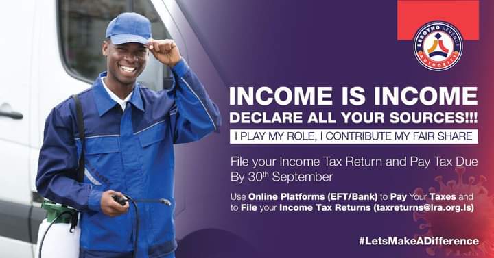 TENlesotho's tweet image. Have you declared all your sources of income to @LesothoRevenue ? 
File your Income Tax Return and Pay Tax Due by 30th September 2020

#BusinessesDevelopment #IncomeTax #LetsMakeADifference #LRA #Ten
