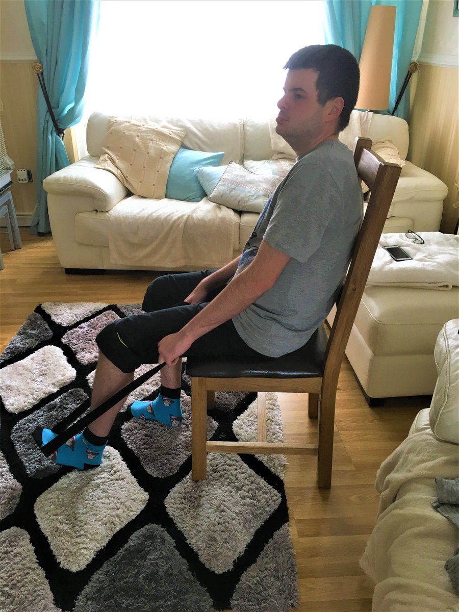 sensecharity's tweet image. A chair is just for sitting on - wrong! It&apos;s for supporting you to do stretches too 💪 Daniel is always active and during #lockdown he has continued to do so, making use of household objects to keep him active. #StayInWorkOut