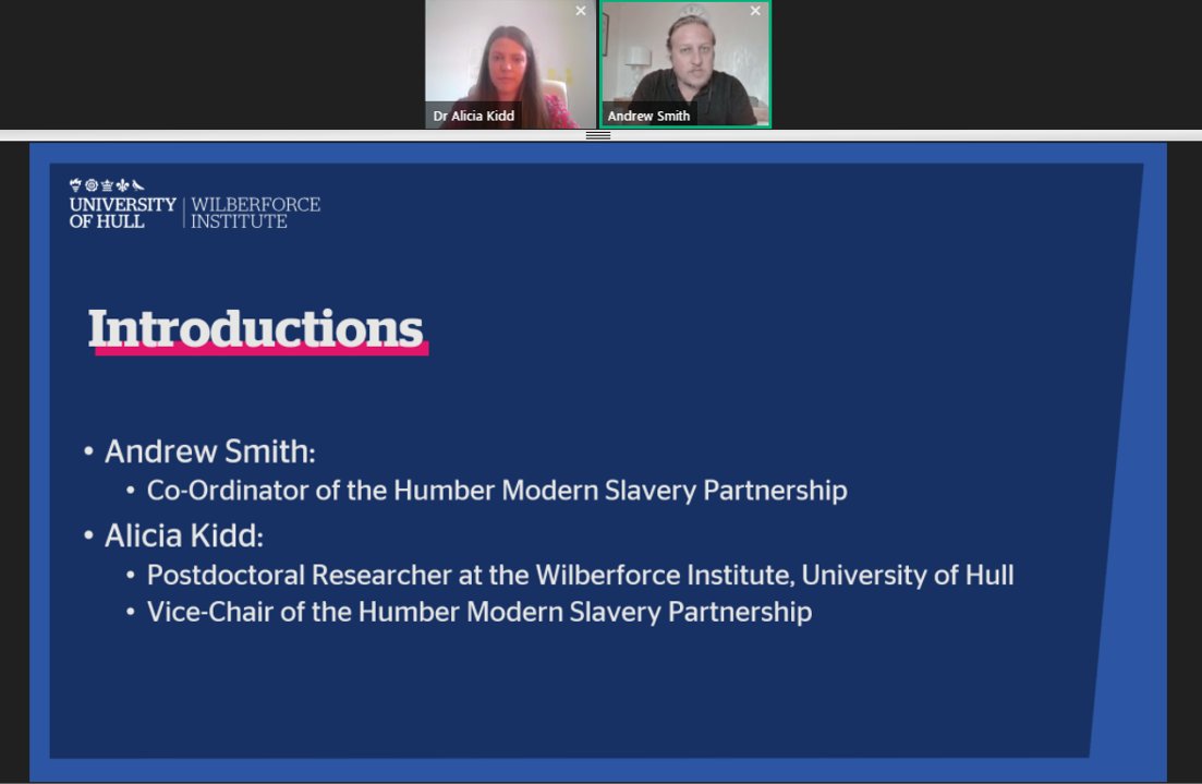 WilberforceHull's tweet photo. A busy afternoon recording the @WilberforceHull webinar 'Modern Slavery in Humberside' for this year's @FreedomFestHull. Great presentation by @alicia_kidd  and @AndrewJunr at the @humberantislave. It will be broadcast between 4pm and 5pm on 6 September 2020. https://t.co/sNg5ZmzB8y