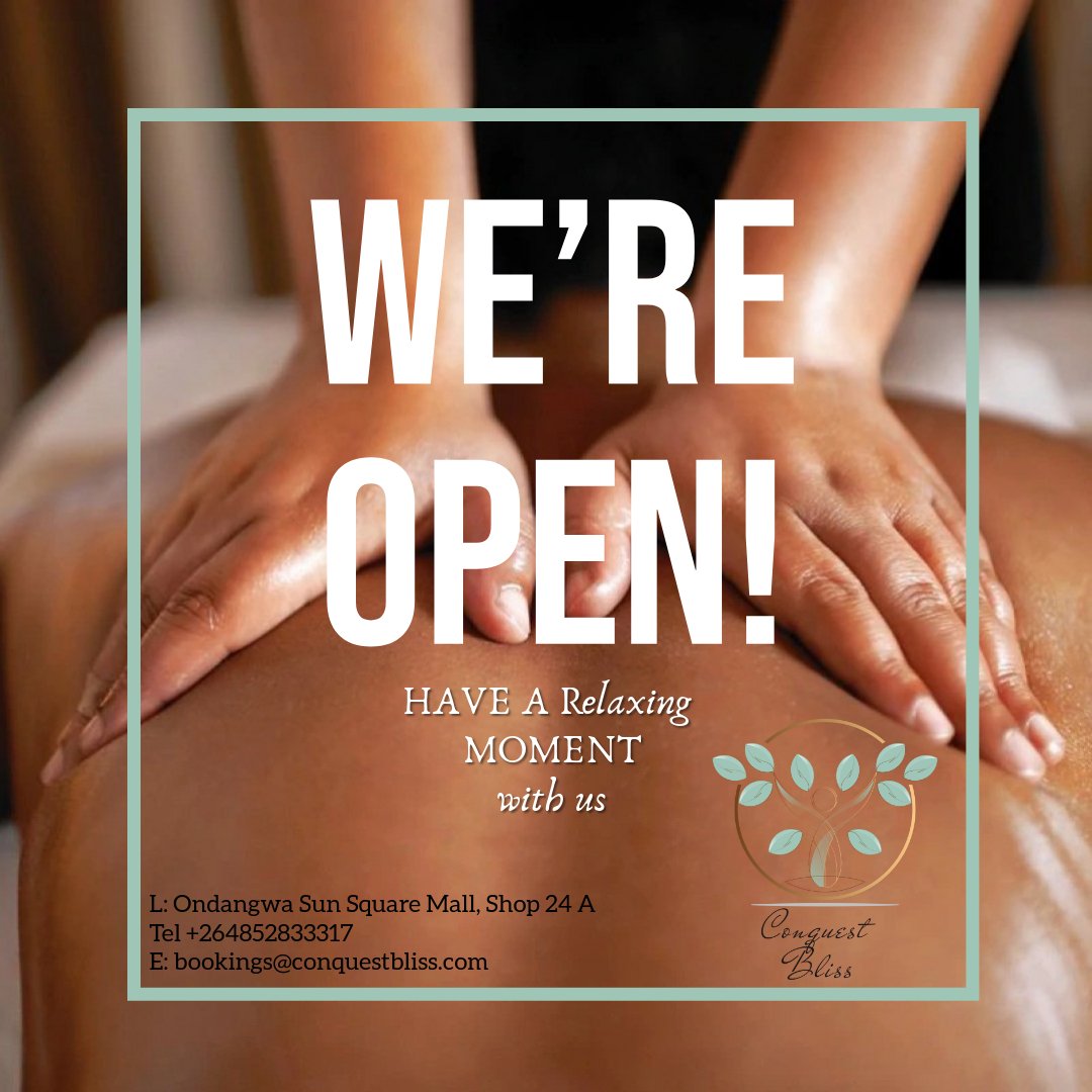 BlissConquest's tweet photo. Dear Northerners!!

We are excited to announce that we are open for business in #Ondangwa

Give us a call on +264852833317 or send us an email on bookings@conquestbliss.com and make your booking today! #WeAreOpen #Massage #SpaDay https://t.co/IPDXpqerSX