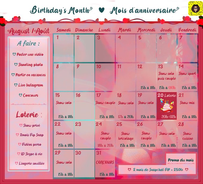 Calendrier LIVE Cam4 📹Mois d'Ao&ucirc;t   🍑🍆🍑  Pleins de Concours et shows sp&eacute;ciaux pr&eacute;vus ! 🎁😘  🏆🏆🏆  N'h&eacute;sitez