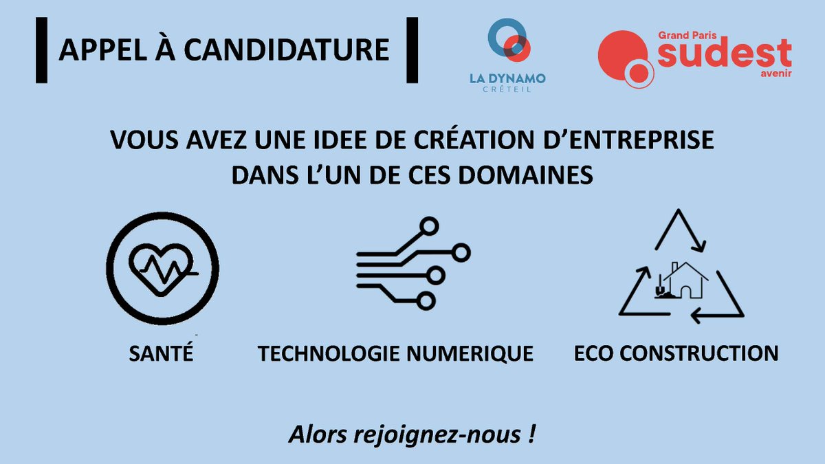 sudestavenir's tweet photo. [APPEL A CANDIDATURE]

 Vous recherchez un espace où démarrer votre activité et un accompagnement renforcé pour votre projet d’entreprise ? Contactez-nous : economie@gpsea.fr ou  au 06 11 17 01 69 #incubateur #DYNAMO

@BGEPaRIF @CCI94 @RsoEntreprendre #VMAPI @GHUMondor @UPECactus https://t.co/w5phAyNrry
