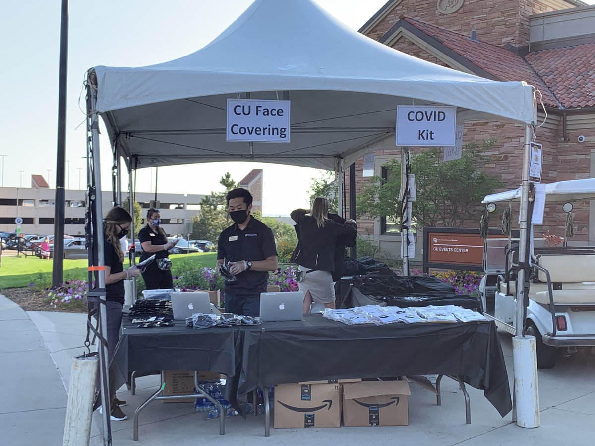 I’m at the CU Events Center where students have to check in and turn in their COVID test. Students only allowed inside, but outside, they get a CU face covering and COVID kit with hygiene supplies inside.