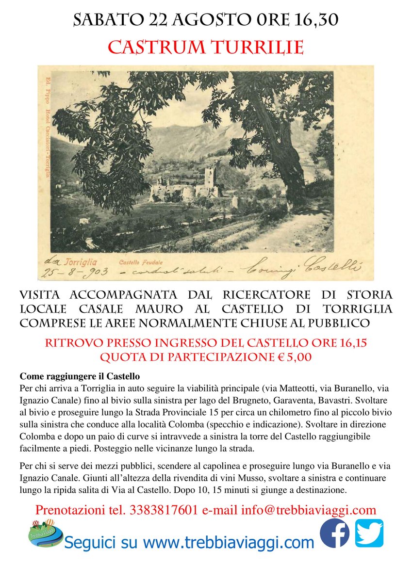 TrebbiaViaggi's tweet photo. Sabato 22 Agosto non perdete l'occasione di visitare il Castello di Torriglia accompagnati da Trebbia Viaggi e dal Ricercatore di storia locale Casale Mauro,  Si potranno visitare aree del Castello normalmente chiuse al pubblico. https://t.co/epfPqlPzax