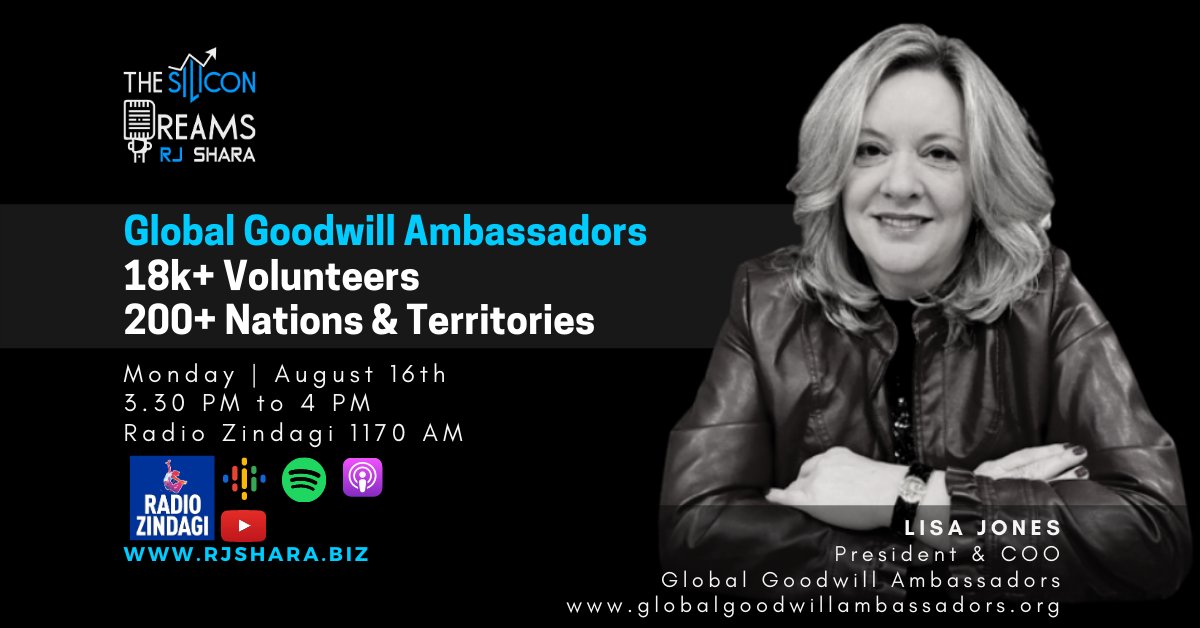 Lisa Jones from Global Goodwill Ambassadors joins us on #TheSiliconDreams to discuss #SDGs and what #startups need to keep in mind when running a #nonprofit or getting engaged with one. Tune in to Radio Zindagi 1170 AM at 3.30 PM today Visit rjshara.biz for more