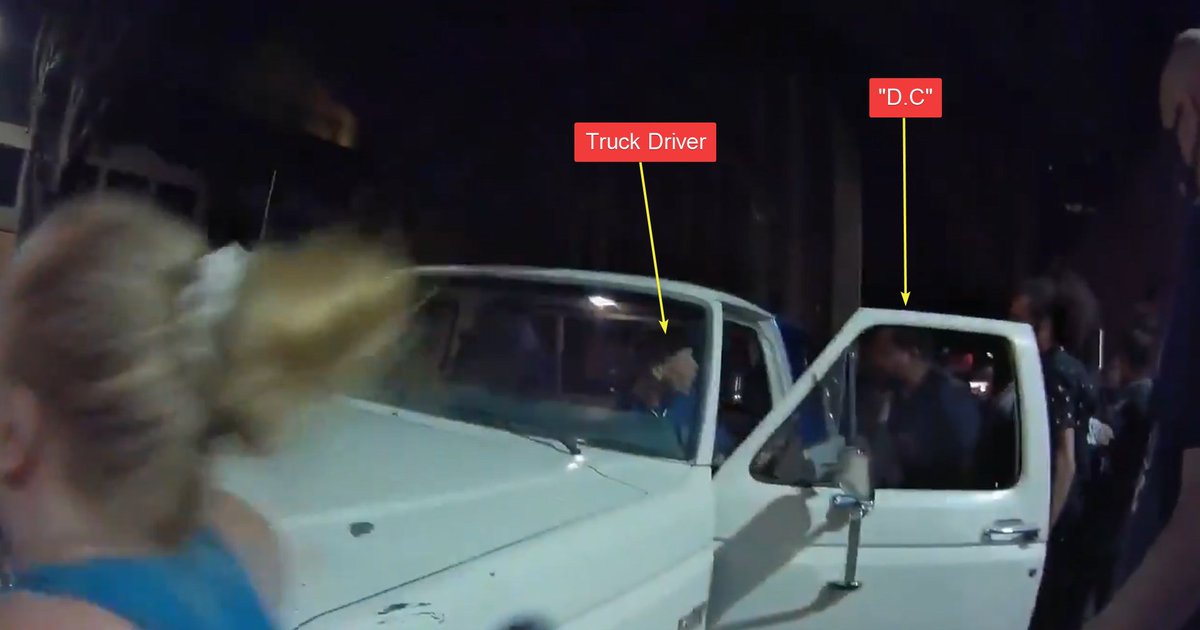 Here he is accosting the truck driver.