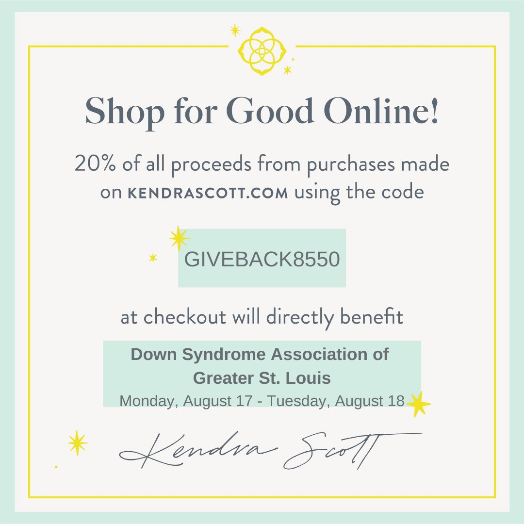 Time to shop for beautiful, high quality, affordable jewelry!  Today, August 17- tomorrow, August 18, Kendra Scott is donating 20% of proceeds to DSAGSL with code GIVEBACK8550 at checkout, in honor on National Non-Profit Day! kendrascott.com
