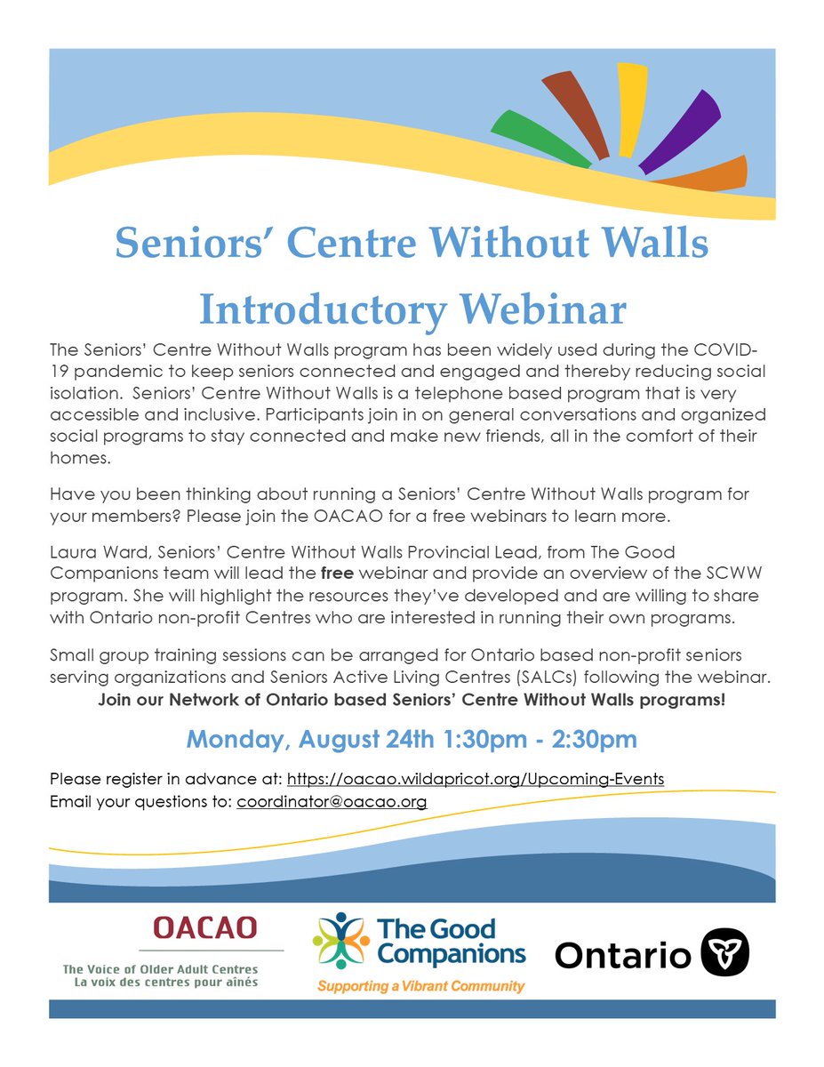 TheOACAO's tweet photo. Have you been thinking about running a Seniors’ Centre Without Walls program for your members? Please join the OACAO for one of these free webinars to learn more:
Mon, Aug 24th at 1:30pm
Please register in advance at: https://t.co/R8lWsJX0t6
#OACAO #SCWW https://t.co/ngcFxXdaXU