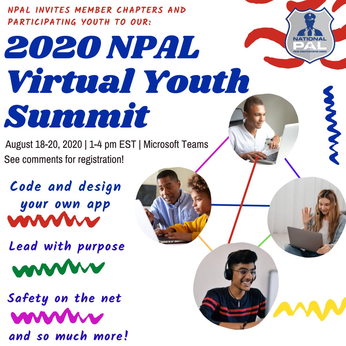Nationalpal's tweet photo. Don't forget to tune in for our 2020 NPAL Virtual Youth Summit TOMORROW 1pm-4pm on the Microsoft Teams App! Make sure to register for the sessions at the link below 😆: 

https://t.co/kp5h01IVu1

#WeArePAL #YouthSummit #Police #event #mentor https://t.co/93267lYNZG