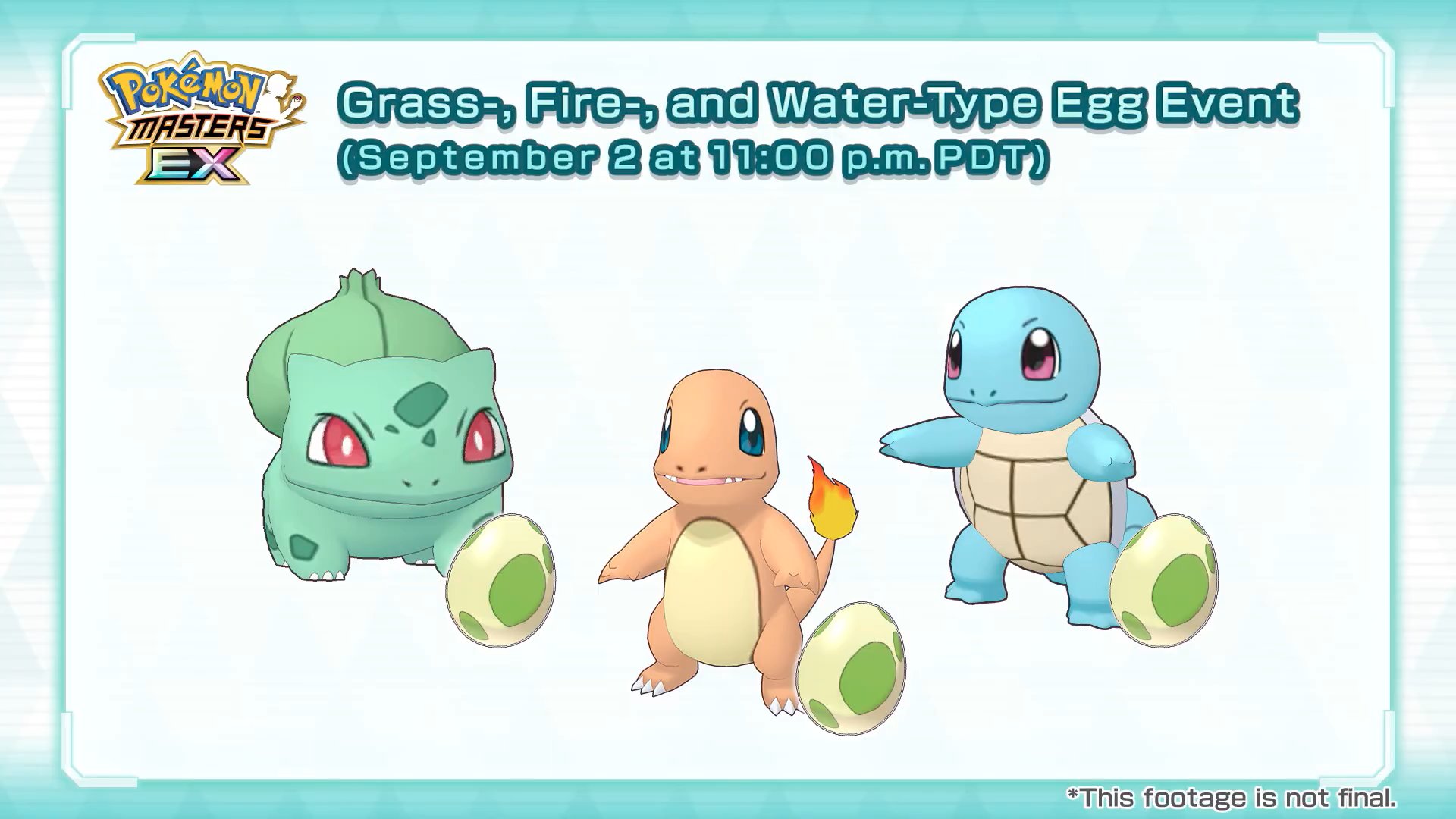 Pokémon Masters EX - The Grass-, Fire-, and Water-Type Egg Event is now  live! You can get Eggs that hatch into Grass-, Fire-, or Water-type Pokémon!  Shiny Bulbasaur, Shiny Charmander, and Shiny