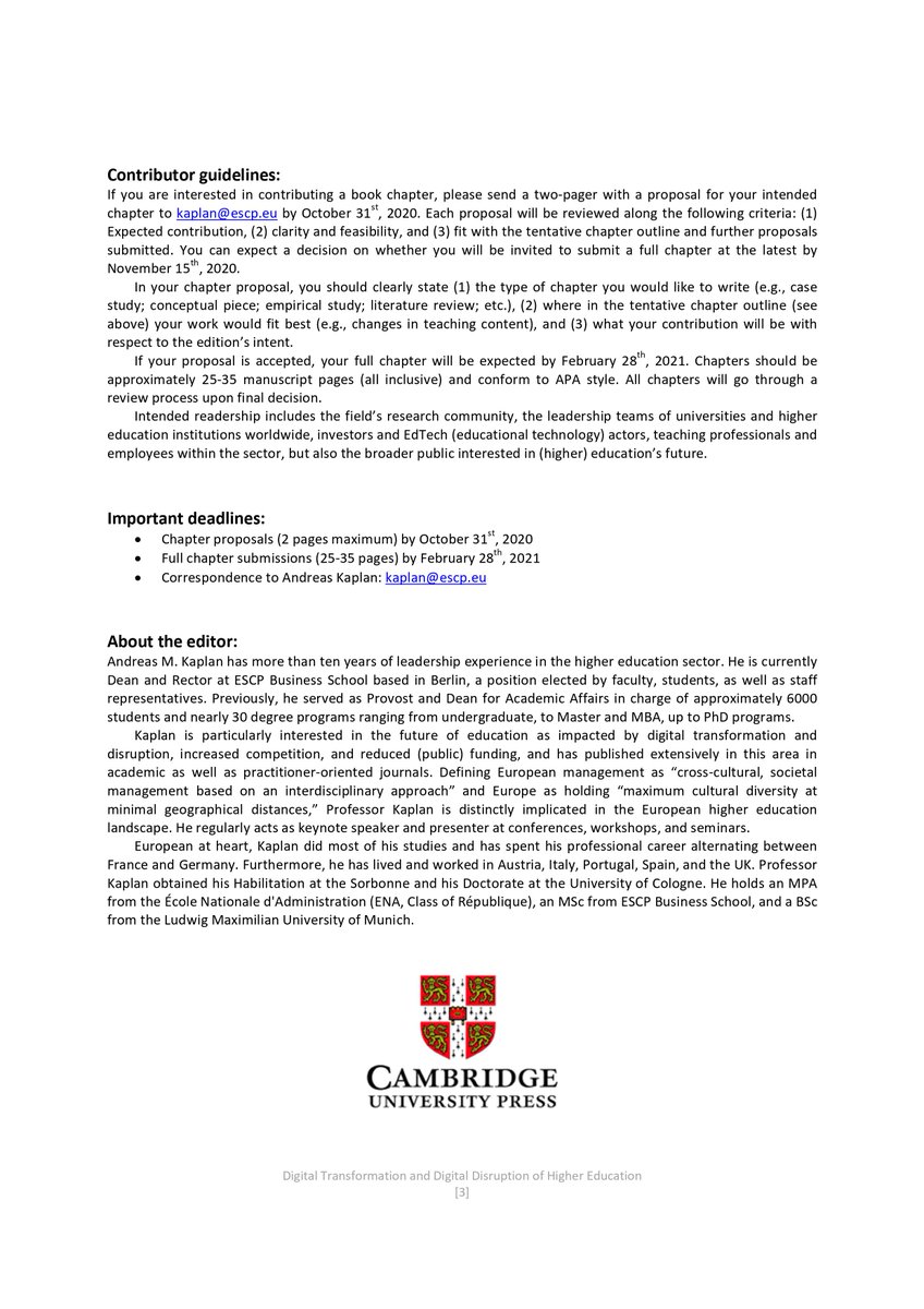 Honored to edit a book on the #DigitalTransformation and #Disruption of #HigherEducation for @CambridgeUniversity Press. #CallForChapters and #Details, see below.
