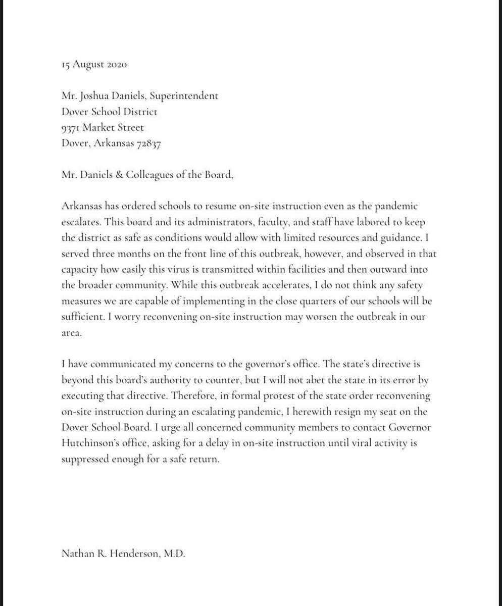 mfdooley's tweet photo. Dr. Nathan Henderson resigns from the Dover School Board as Arkansas requires schools to open next week. Thank you, Dr. Henderson!  @ArkansasCovid @ARCOVIdiots https://t.co/87uEjvizqg