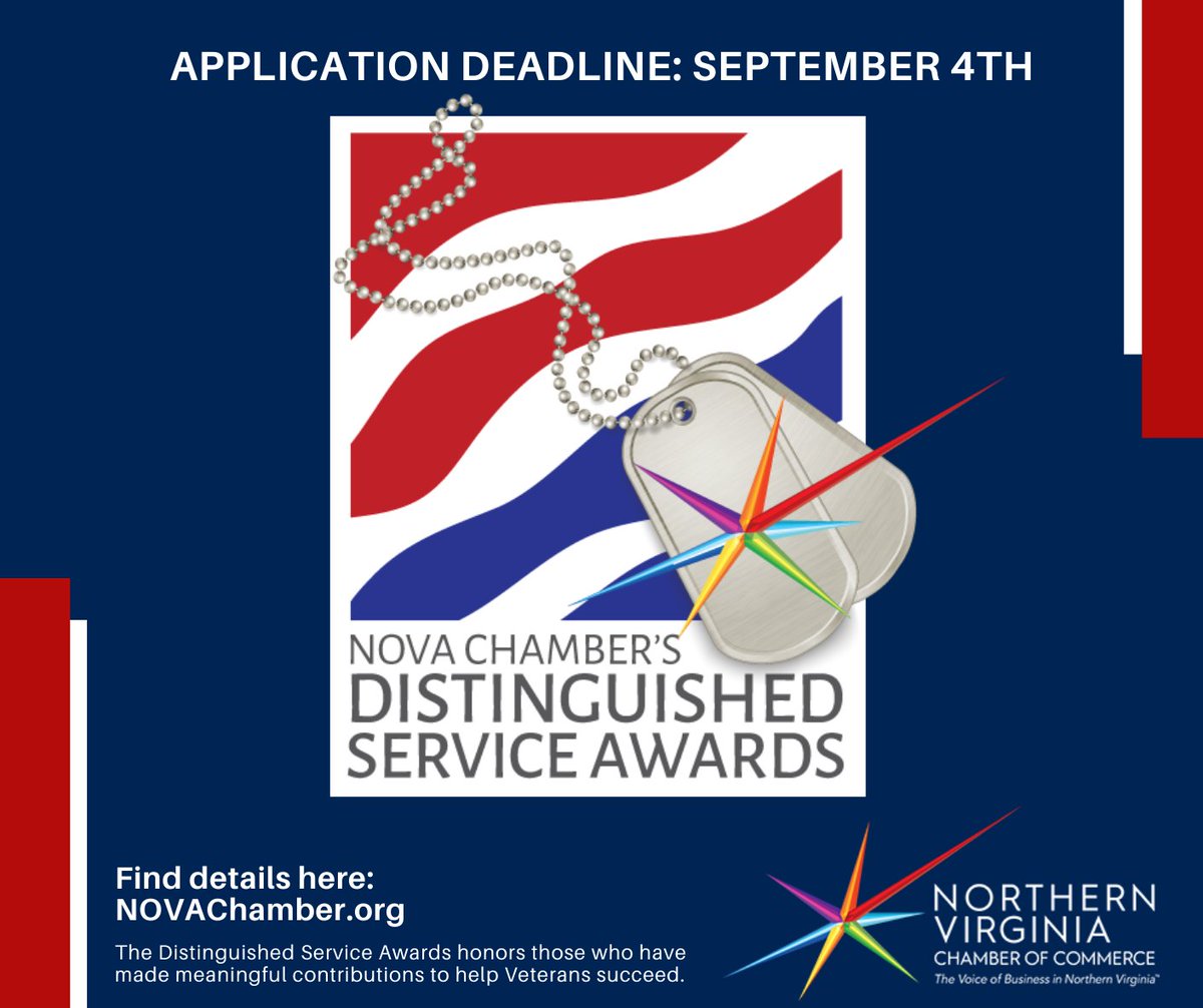NOVAChamber's tweet photo. Applications for this year's Distinguished Service Awards honoring Veterans in business are due by September 4th. Details can be found here: https://t.co/BITI9QbTkF #novachamber #distinguishedserviceawards #veteransinbusiness https://t.co/gjYEdB1G5B