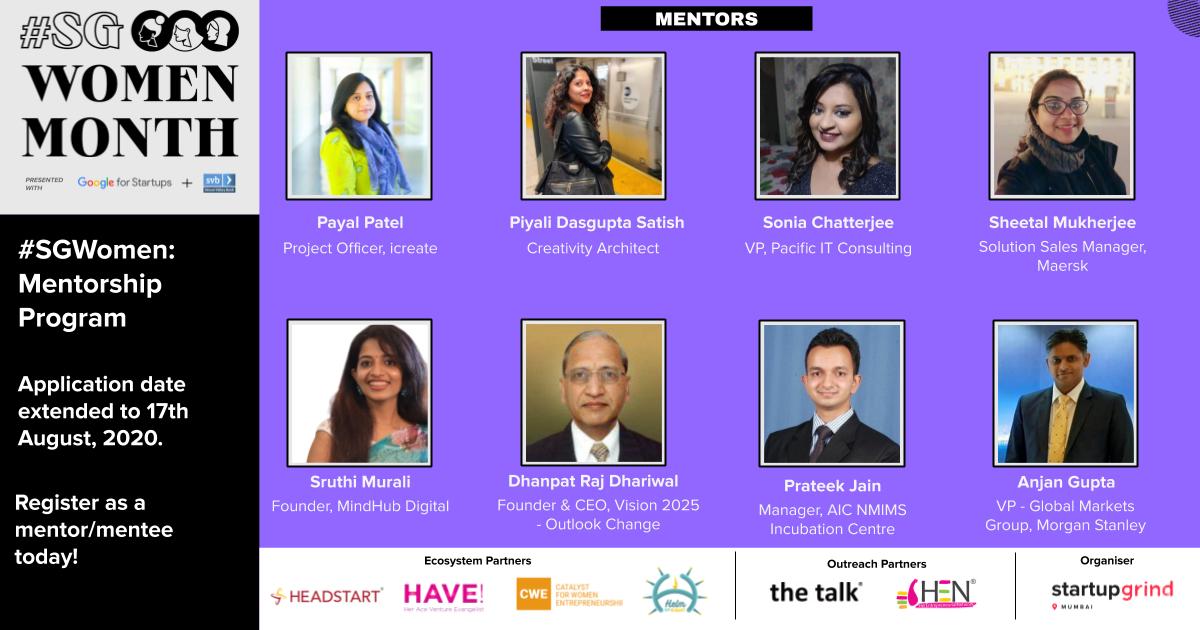 Thank you Payal Patel, Piyali Dasgupta Satish, Sonia Chatterjee, Sheetal Mukherjee, Sruthi Murali, Dhanpat Raj Dhariwal, Prateek Jain, and Anjan Gupta 

Visit for details - lnkd.in/g3nJeMA

Apply as a mentee/mentor for the #SGWomen Mentorship Program