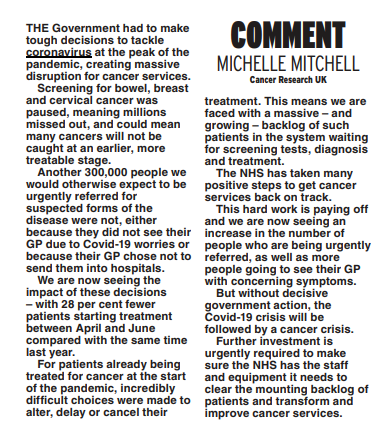 CRUK_Policy's tweet photo. Last week’s cancer waiting times for England again showed a growing cancer backlog, despite a positive increase in urgent referrals. 

Writing in @Daily_Express our CEO @Michelle_CRUK calls for decisive action and further investment from Government to prevent a cancer crisis ⬇️ https://t.co/5bOzjaSFgZ