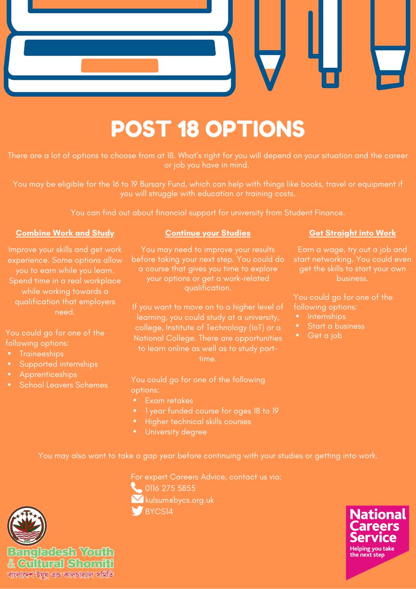 𝗣𝗼𝘀𝘁 𝟭𝟴 𝗢𝗽𝘁𝗶𝗼𝗻𝘀

There are a lot of options to choose from at 18. What’s right for you will depend on your situation and the career or job you have in mind. 

For expert careers advice contact us on 0116 275 5855

#Leicester #Careers #Advice