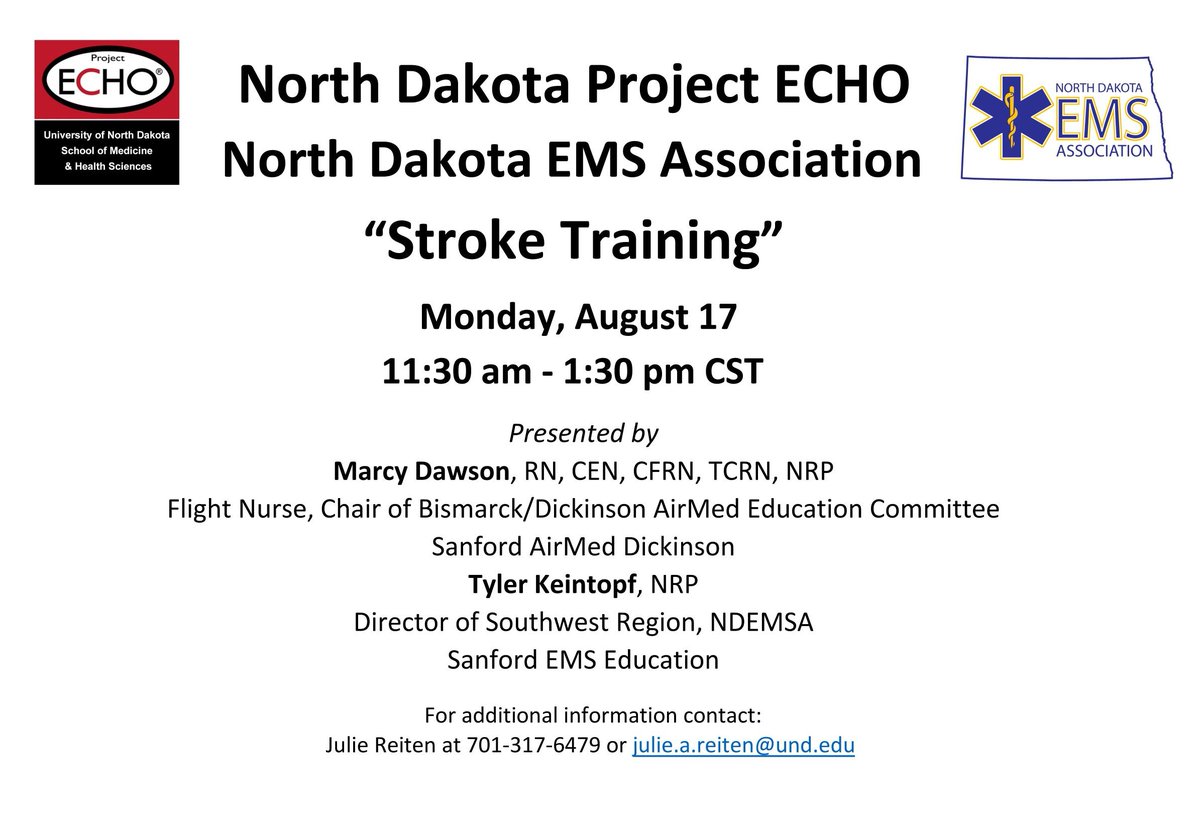 nd_echo's tweet image. There's still time to get last-minute registrations in for our Stroke Training with @NorthDakotaEMS! The training will start at 11:30 - click here to join us for this great event! ➡ bit.ly/2XVhgvk