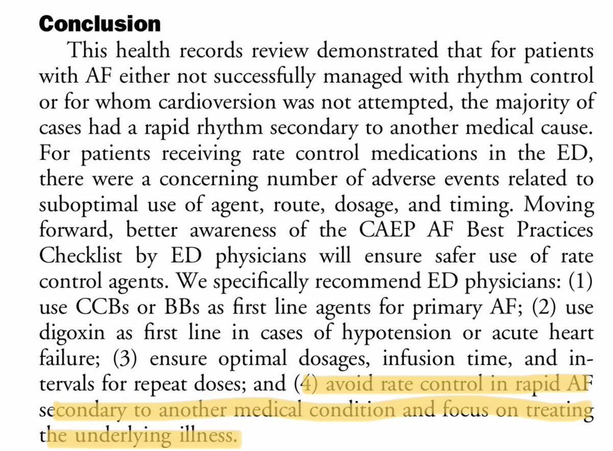 Rate control Managemet of AFRVR in the ED 🇨🇦 ✳️665 ED visits ✳️AF status: Permanent (53.4%) ✳️518 (77.9%) had RVR due to medical cause ✳️Received Rate-Control meds: Primary AFRVR (79.6%), Secodary AFRVR (32.6%) ✳️Metoprolol (71.4%) more effective than Diltiazem (12.9%)