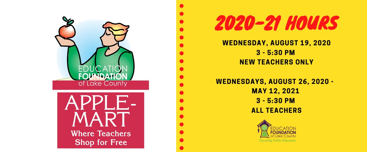 Apple-Mart stores open on Wednesday for NEW Lake County Public School teachers. All teachers can shop for school supplies beginning August 26th. Just bring district ID. Go to conta.cc/3l2Q2ga for more info & store locations. #schoolsupplies #lakecountyflorida #teachers