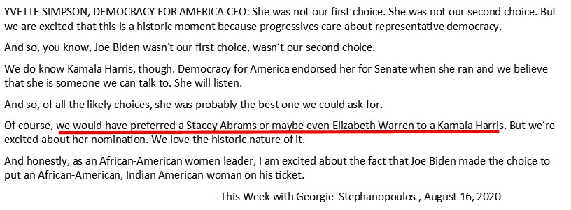 Saw 3 “progressives” say this on TV last week and I don’t get it. Abrams IS progressive … for Georgia. But she’s to the right of Kamala. Abrams didn’t campaign on M4A, a GND, or a $15 min wage. She didn’t endorse anyone in the primary but she did defend Bloomberg’s spending.