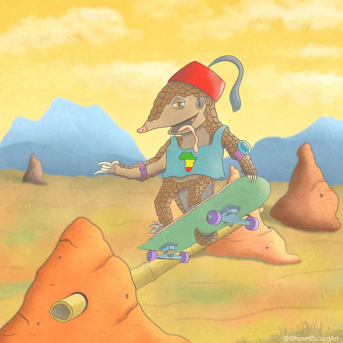 ShawnBallardArt's tweet image. Rad Pangolin Skater Boi
Prints available on my site here: redbubble.com/people/khaoteh…
Character Design Challenge theme for August is Animal Skatepark so this is my entry. I thought  termite mounds as a skatepark would be cool. #under1kgang #pangolinart #animalskatepark #cdchallenge