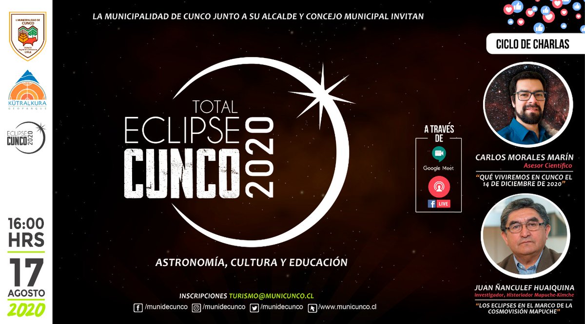 eclipse_2020's tweet photo. Hoy a las 16 horas una nueva charla sobre el #EclipseSolar de La #Araucanía. El  historiador mapuche Juan Ñanculef junto al astrónomo Carlos Morales, participarán de este encuentro organizado por la @munidecunco ¡No se lo pierdan! Ingresando a 👇🏼
 https://t.co/PbGUPAXiI6 https://t.co/yNlq3h9CPx