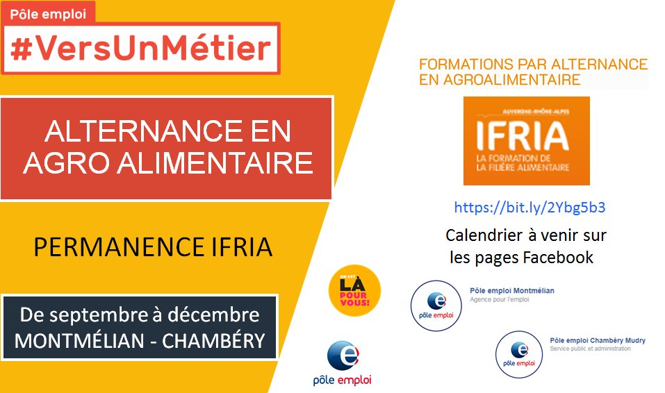 RenaudCharlesFT's tweet photo. [#apprentissage] Les agences @poleemploi_ara #Montmélian et #Chambéry Mudry accueillent une permanence mensuelle #IFRIA spécialiste de la formation en #alternance dans le secteur #agroalimentaire 
Calendrier à venir ⤵️
En attendant, 👀les offres en cours 👉🏼https://t.co/laaLNFobc3 https://t.co/1hCaMeMYuW