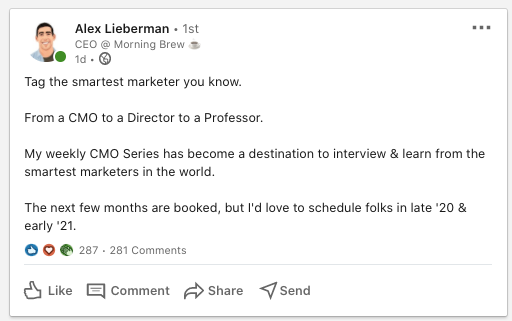 2/  @BUSlNESSBARISTA has 48K followers on LinkedIn—more than the  @MorningBrew business page.He hosts "The Founder's Journal" on LinkedIn Live where reflects on his experience as a founder and a "CMO Series" where he interviews some of the top minds in marketing.