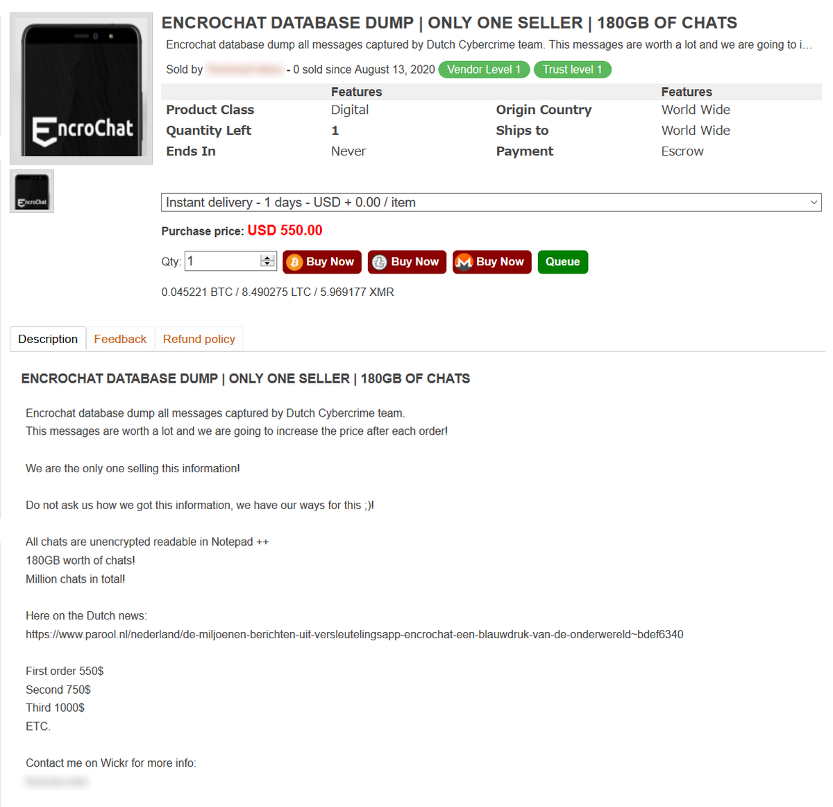 Neutral8 9er It Looks Like Encrochat Database Dump Is Sold On The Market Idk Whether It S True Or Not According To The Seller Do Not Ask Us How We Got This