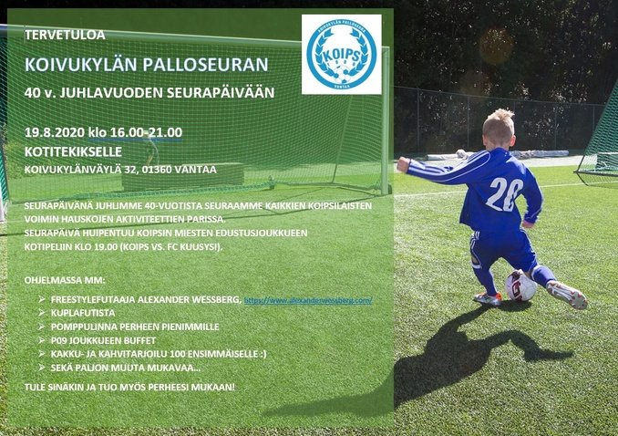 KoiPSVantaa's tweet photo. Keskiviikkona 19.8. klo 16-21 juhlimme 40-vuotista seuraamme Havukosken urheilupuistossa. Lämpimästi tervetuloa!🎂⚽️
Noudatetaan asiantuntijoiden antamia ohjeita turvaväleistä ja käsihygieniasta
Ethän tule Seurapäivään, mikäli sinulla on vähäisimpiäkään flunssan oireita. https://t.co/ZVLjgPI5PD