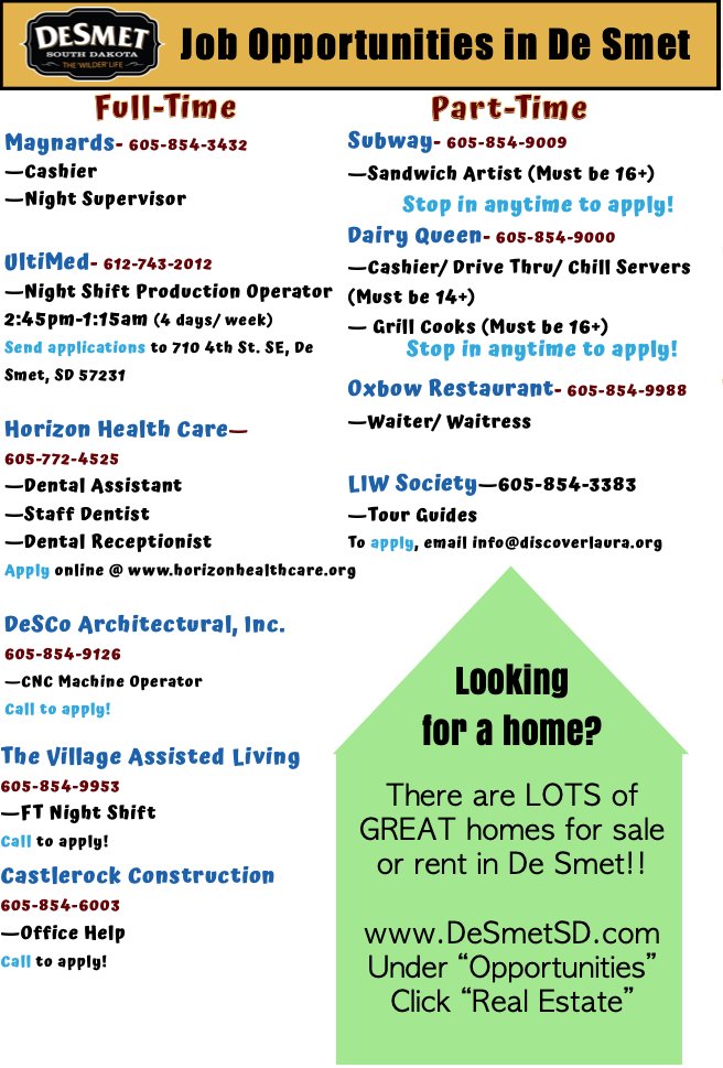 DeSmetDev's tweet photo. New week, new calendar with quite a few events!! 

As always, check out the jobs we have in De Smet and check out the homes for sale or rent! https://t.co/dqRafecwXc! https://t.co/GtawJd9Pde