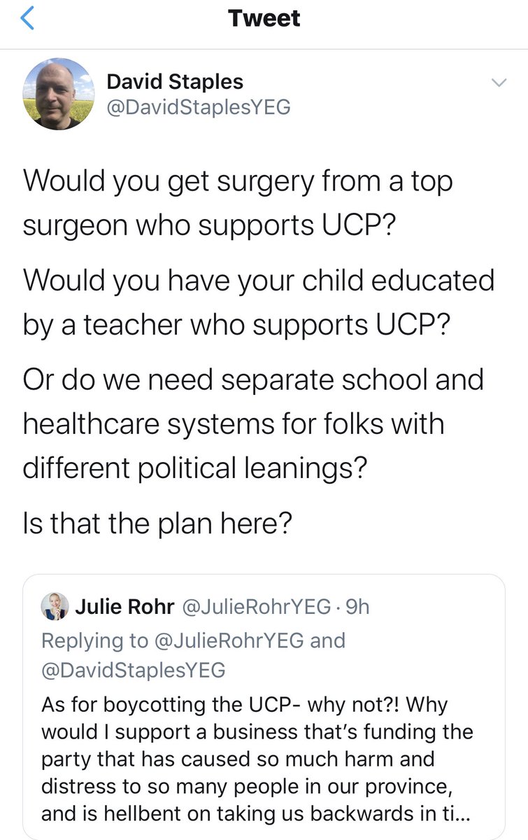 So yesterday, I got into a little exchange of ideas with one  @DavidStaplesYEG who was expressing displeasure in a “ban list” of businesses that expressly support the UCP. I enjoy conversing with David, as we are generally on opposite ends of ideas, and this was no exception. 1/