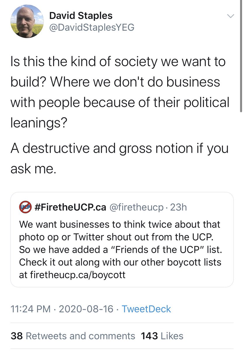 He (& others in the discussion) decried the list as “gross,” “destructive,” “sad,” & a sign of further erosion of public discourse, etc.I said political boycotting has been a tool at our disposal since our democracy was formed. Anyone has the right to shop where they wish. 2/