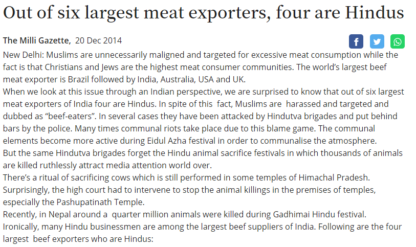 Dec-2014Out of six largest meat exporters, four are Hindus https://www.milligazette.com/news/11435-out-of-six-largest-meat-exporters-four-are-hindus/Out of six largest meat suppliers in India four are Hindus http://muslimmirror.com/eng/out-of-six-largest-meat-suppliers-in-india-four-are-hindus/